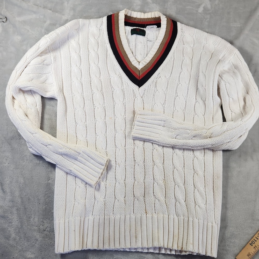 Abercrombie & Fitch Cable Knit Sweater Mens L Cream Cotton V Neck Vintage Preppy